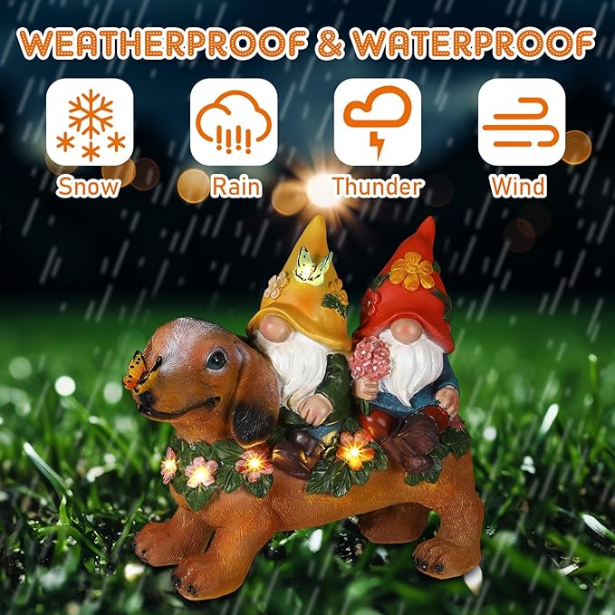 CroBlissful Solar Dachshund Gnome Lighted Statue - 10" Resin Dog with Butterfly and Floral Decor Outdoor Lawn Garden Ornament for Christmas Patio Yard Porch Decoration and Dog Gnome Lovers