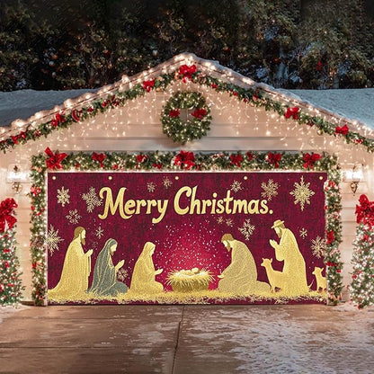 HOMETITUTE Merry Christmas Garage Door Banner 13x6ft Golden Glitter Nativity Scene Theme Backdrop Holiday Decor Winter Door Cover Banners for Outside Garage Wall Covering for Party Garage Decorations