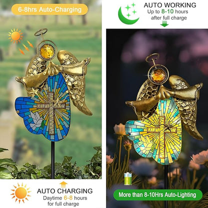 Solar Cross for Cemetery Grave,Metal Angel Garden Stake Pathway Light for Yard Patio Cemetery,Solar Angel Garden Decor Statue for Outside,Memorial Gifts for Women