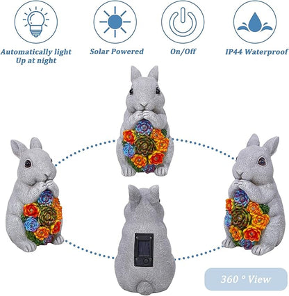 FORUP Easter Solar Garden Outdoor Statues, Bunny Statue with Succulent, Resin Figurine Garden Lawn Ornaments with 8 LED Lights, Rabbit Statue for Easter Outdoor Lawn Yard Garden Decorations