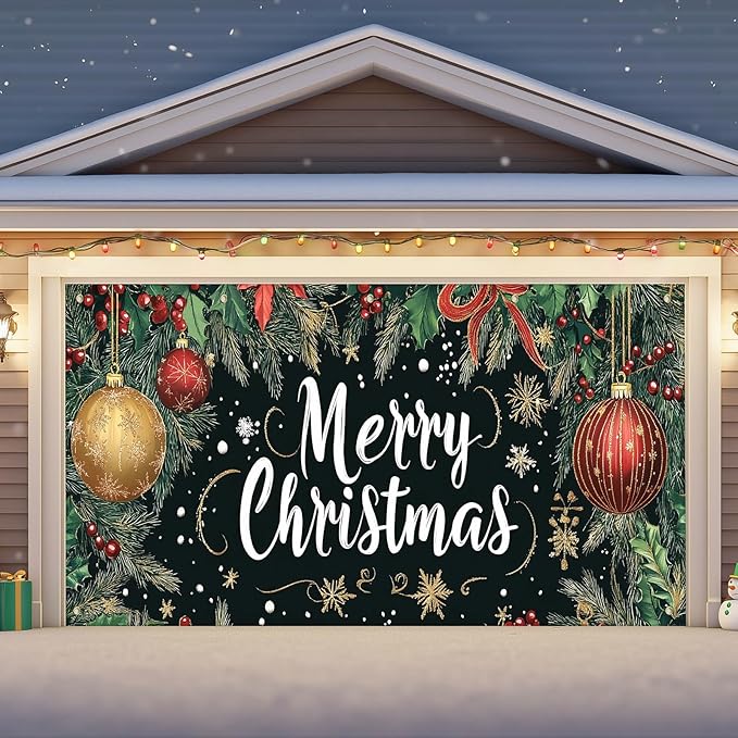IVN Merry Christmas Happy New Year Garage Door Banner 13x6 ft Christmas Garage Door Cover Wnter Scene Background Indoor Outdoor Black Snowflake Tree Holly Ornaments Holiday Decorations for Home and Events Wall Backdrop Decor