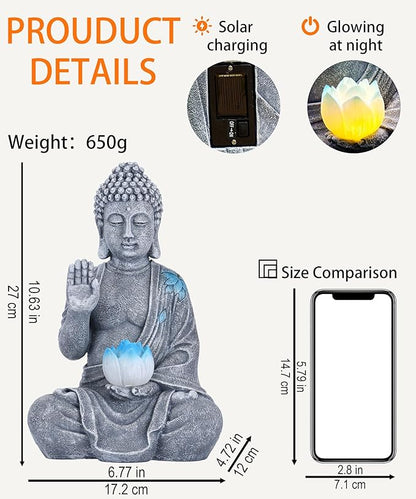 Nacome Solar Buddha Garden Statues with Lotus Flower: Resin Zen Decor Waterproof Sculpture Outdoor Light Design for Outside Patio Lawn Yard Balcony - 10.6 inches(Grey)