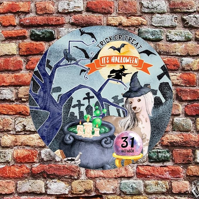 Retro Metal Sign 12"x12",Happy Halloween Scary Night Grave Witch Bats Trick Or Treat Dog Aluminum Tin Metal Sign for Home Living Room Bedroom Garden Farm Patio Decor Wall Art Poster