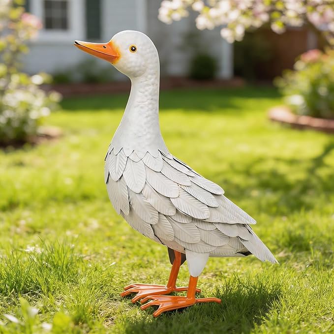 Shorayn Metal Duck Garden Statue, Life-Size Iron Mallard, Handmade White Duck Yard Decor, Indoor Outdoor Ornament, Gift for Housewarming/Mother’s Day/Christmas