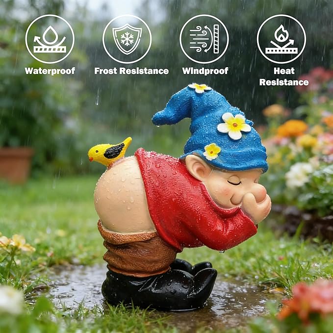 Spring Garden Gnome Statues - Funny Gnome Pants Down Outdoor Resin with Bird Sculptures Decor for Indoor Home Table Patio Lawn Yard Porch Balcony, Housewarming Birthday Mother's Dya Gift