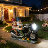 Cute Biker Gnome Couples Statue with Solar Lights - Biker Garden Gnomes Outdoor Funny Figurine - Solar Powered Motorcycle Statues Garden Ornament Art - Travel Gnome Figurine for Patio Yard Decor
