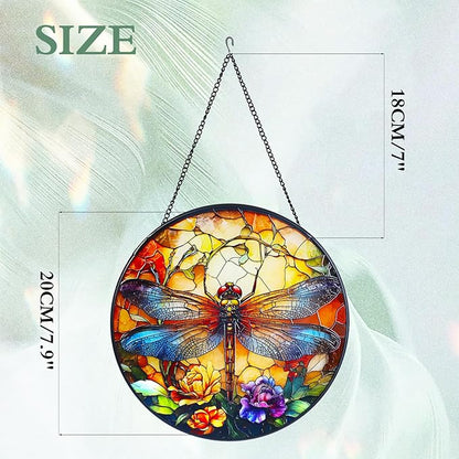 Dragonfly Stained Glass Window Hanging Suncatcher with Chain - 7.9" Outdoor/Indoor Art Decor for Home Garden, Wedding, Mother's, Dad's, Valentine's, Birthday, & Christmas Ornaments Present