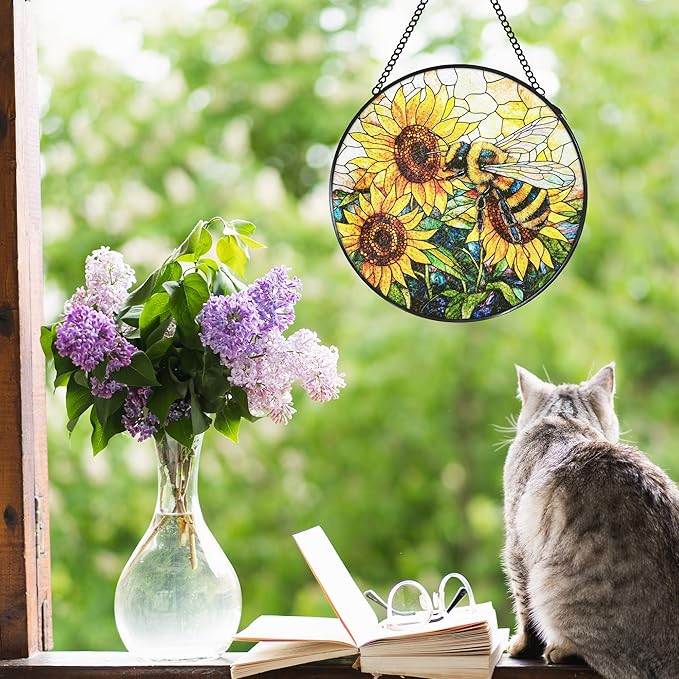 Vintage Bee Sunflower Stained Glass Window Hanging Suncatcher, Bumble Bee Sunflower Sun Catcher for Window Door Home Office Decor, Rustic Painted Glass Wall Hanging Decorations 7.8x7.8 in