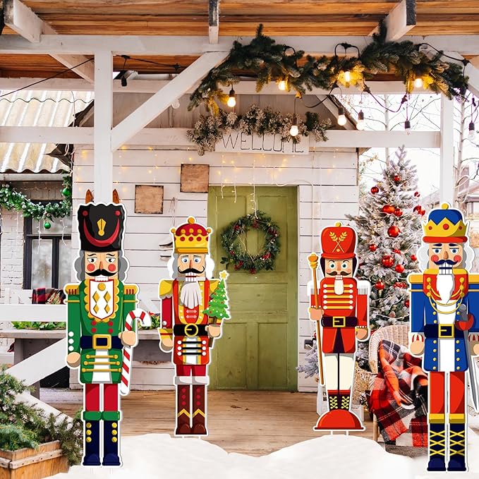 Geetery 4 Pcs Large Nutcracker Yard Sign with 16 Stakes 32 Inch Christmas Yard Decorations Outdoor Holiday Nutcracker Xmas Outside Lawn Decor for Garden Pathway Party(Red，Blue，Green,Classic)