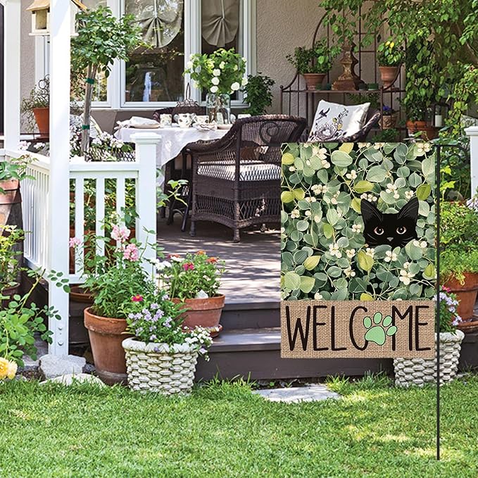AVOIN colorlife Spring Summer Floral Garden Flag 12x18 Inch Double Sided Outside, Eucalyptus Black Cat Welcome Seasonal Yard Outdoor Flag