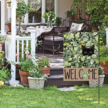 AVOIN colorlife Spring Summer Floral Garden Flag 12x18 Inch Double Sided Outside, Eucalyptus Black Cat Welcome Seasonal Yard Outdoor Flag