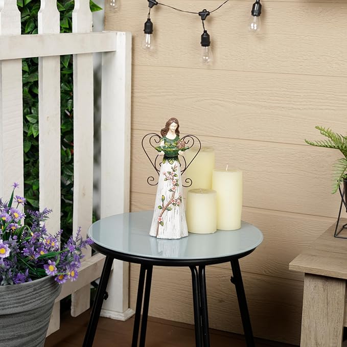 Alpine Corporation WQA1554 Floral Woodland Angel Holding Leaf Statue, Sentimental Home Décor for Patio & Garden, 12"H