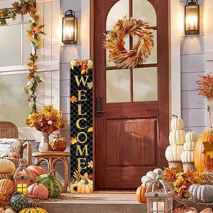 Fall Wooden Porch Sign 47" Autumn Pumpkin Maple Leaf Front Door Welcome Sign Vertical Standing Sign For Garden Home Yard Farmhouse Thanksgiving Decor
