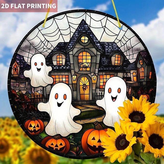 7.9inch Cute Halloween Suncatcher for Window Hanging,Ghost Pumpkin Castle Acrylic Suncatcher with Chain Halloween Window Decor for Home, Garden, Housewarming Round Ornament, Gift for Women Friend