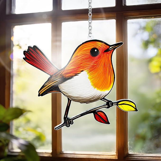 Birds on a Branch Stained Glass, Robin Bird Suncatchers Windows, Bird Suncatcher for Patio/Mom/Window (Orange)