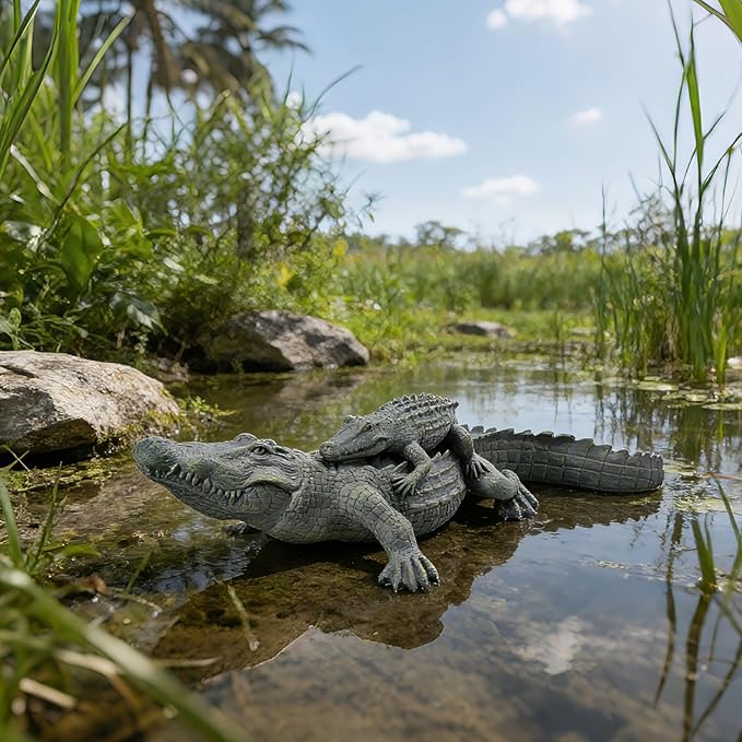 DiliComing Outdoor Alligator Statue Garden Decor - 28 Inch Realistic Resin Crocodile Garden Statues Mother & Baby Alligator Sculpture for Yard Lawn Beach Pool Decorations Gator Gifts