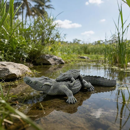 DiliComing Outdoor Alligator Statue Garden Decor - 28 Inch Realistic Resin Crocodile Garden Statues Mother & Baby Alligator Sculpture for Yard Lawn Beach Pool Decorations Gator Gifts