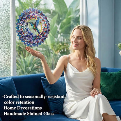 Hummingbird Mandala Wind Spinner, IDEA SHOW 12In 3D Kinetic Metal Wind Spinners, Hummingbird Gift for Women, Mom, Garden & Yard Decor Outdoor/Indoor Decoration, Dynamic Art Hanging Sculpture (12In)