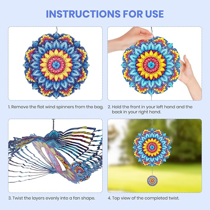 MXJSUA Mandala Flowers Wind Spinners for Indoor Outdoor Garden Decoration, 12 Inch Mandala Stainless Steel Hanging Wind Spinners Ornaments Crafts for Gifts