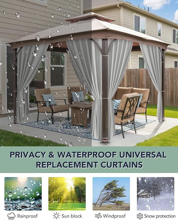 Outdoor Curtains Patio Waterproof - 10'Wx10'Lx7.9'H Gazebo Universal Replacement Privacy Curtains, 4 Panels Outside Sidewall Drapes with Zipper for Pergola Garden Backyard, Silver