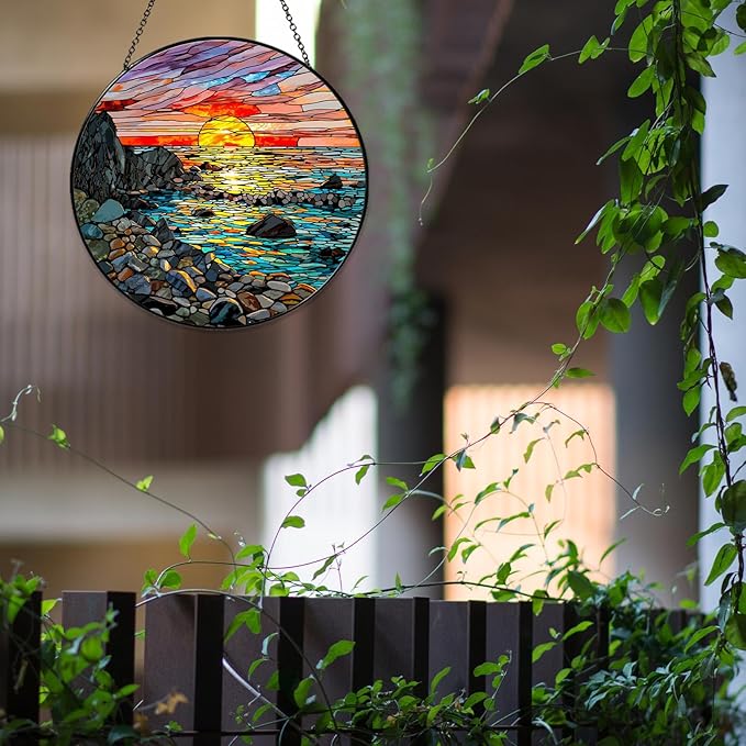 Waves on The Beach Stained Glass Window Hanging Sunset at The Seaside Sun Catcher Beach Lover Gifts for Women Nature Lover Wall Hanger Handmade SunCatcher Decoration, 7.87inch