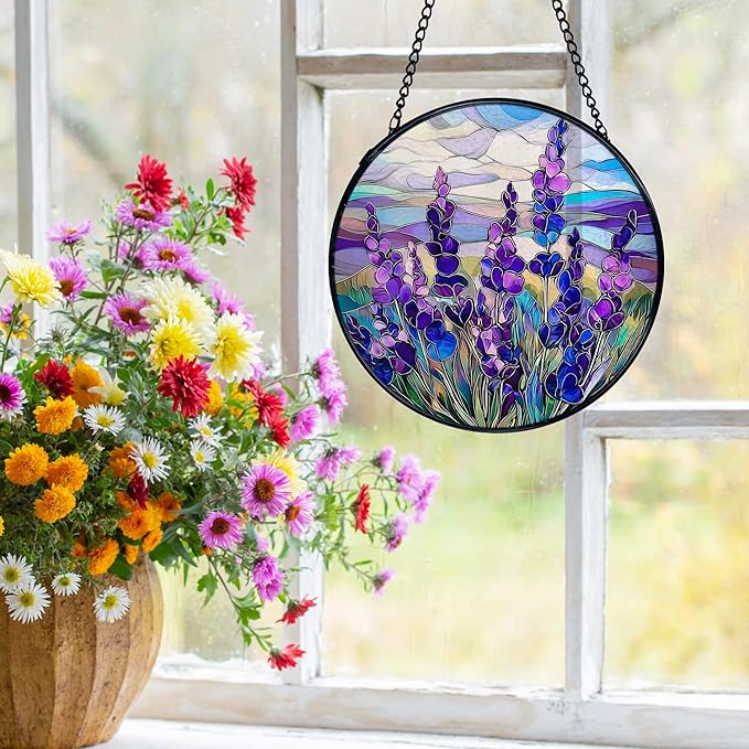 Lavender Flower Suncatchers Stained Glass Window Hanging, Flower Sun Catchers Indoor Window Glass Round Wall Decor, Purple Lavender Floral Wall Decor 7.9x7.9in