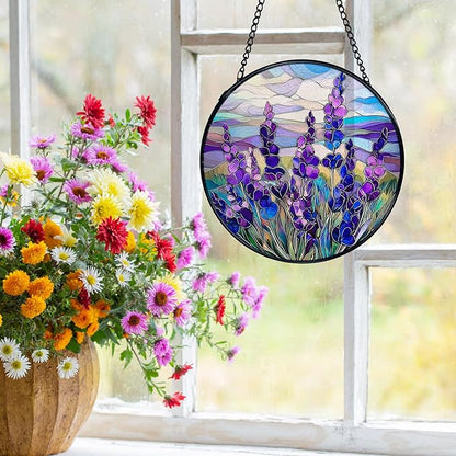 Lavender Flower Suncatchers Stained Glass Window Hanging, Flower Sun Catchers Indoor Window Glass Round Wall Decor, Purple Lavender Floral Wall Decor 7.9x7.9in