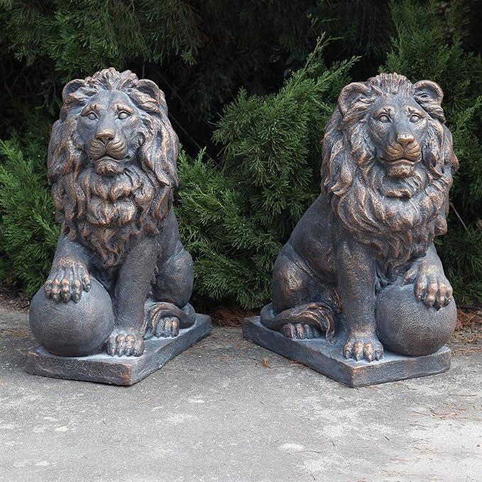Zaer Ltd. Magnesium Pair of Lion Statues (Outdoor Safe) (27" Tall w/Ball (Set of 2), Aged Bronze (Painted))