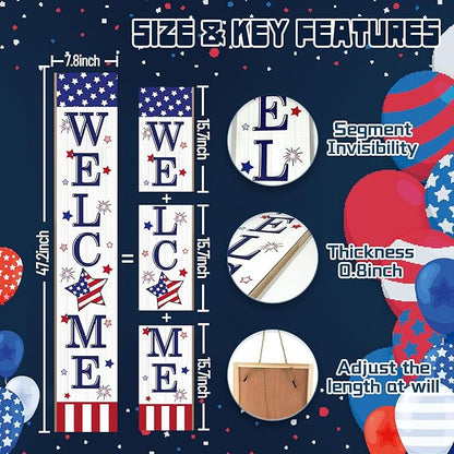 Patriotic 4th of July Welcome Sign for Front Porch, 250th Anniversary Memorial Day Wooden Porch Sign For Outdoor Patio, USA American Flag Standing Yard Sign Summer Door Signs for Garden Wall