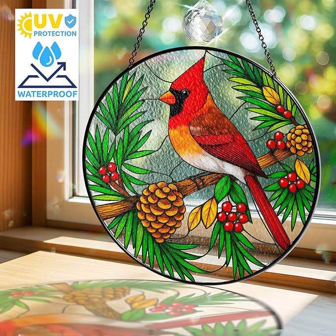 Red Cardinal Stained Glass Suncatcher, Red Bird Ornament for Window Hanging, Cardinal Decorations for Home and Bird Lovers, Sympathy and Remembrance Gift for Women, Mom, Grandpa