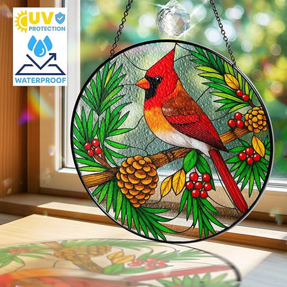 Red Cardinal Stained Glass Suncatcher, Red Bird Ornament for Window Hanging, Cardinal Decorations for Home and Bird Lovers, Sympathy and Remembrance Gift for Women, Mom, Grandpa