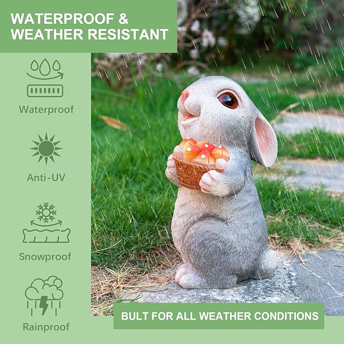 Solar Rabbit Garden Statues Outdoor Decor Resin Bunny Figurine Holding Mushroom with LED Lights for Porch Patio Lawn Yard Christmas Housewarming Gardening Gifts for Mom Grandma