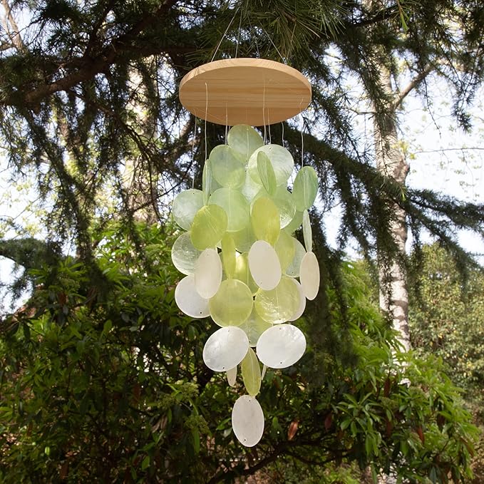 Wind Chimes for Outside, Handcrafted Green Gradient Capiz Shells Windchime Coastal Style Decor for Indoor/Outdoors, Garden Decors, Great Gift for Women, Beach Hanging Decor, Wind Chimes Lovers