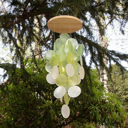 Wind Chimes for Outside, Handcrafted Green Gradient Capiz Shells Windchime Coastal Style Decor for Indoor/Outdoors, Garden Decors, Great Gift for Women, Beach Hanging Decor, Wind Chimes Lovers
