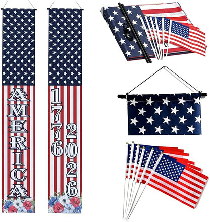 4th of July Decorations Outdoor - 2 Pack 250th Anniversary Patriotic Porch Banners with 6 USA Hand Flags, 1776-2026 Semiquincentennial Hanging Sign Set for Independence Day Party, Balcony Fence Garden Wall Decor