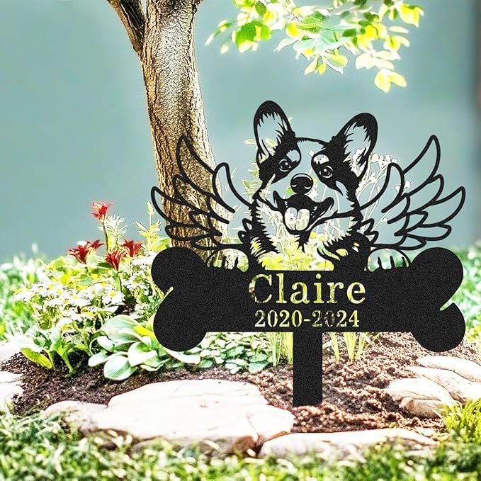 Custom Metal Dog Corgi Memorial Stake with Wings, Personalized Dog Grave Marker with Bone Stake Outdoor Yard Garden Sign Tombstone, Customized Dogs Corgi Remembrance Plaque Pet Loss Gifts
