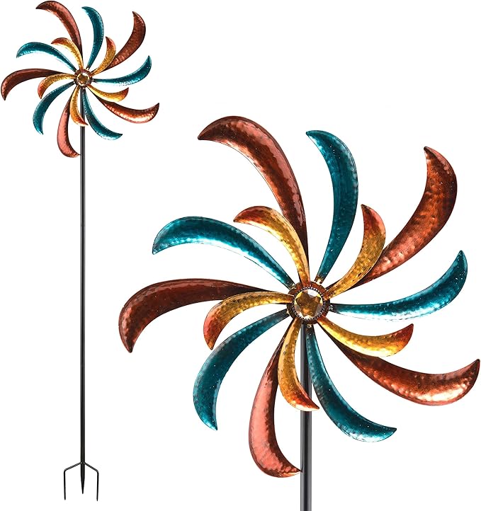Alpine Corporation 63" Tall Outdoor Curved Blade Windmill Stake Kinetic Spinner, Multicolor