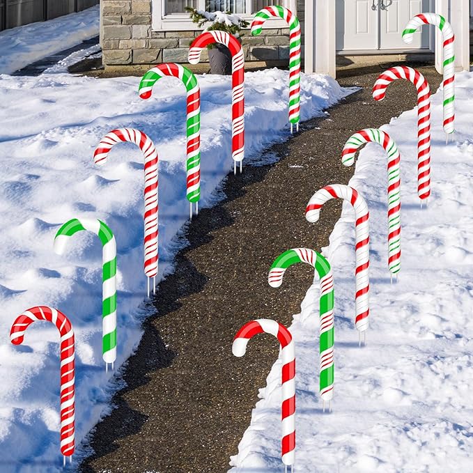 Glenmal 12 Pcs Christmas Candy Cane Yard Decor Outdoor Lawn Garden Yard Sign Red Green White Candy Cane Decoration Christmas Decoration with Stakes for Xmas Holiday Decor