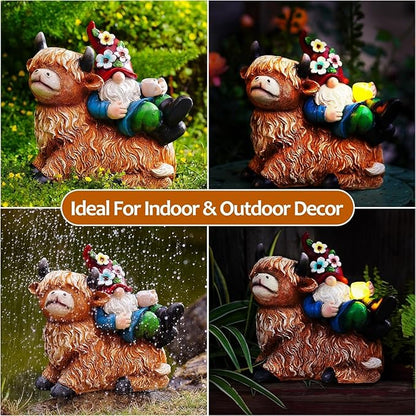 Pohabery Garden Gnomes Decor Outdoor Statues Gnome on Highland Cow Hold Solar Cup Light Outdoor Decorations for Patio,Yard and Gift for Mom
