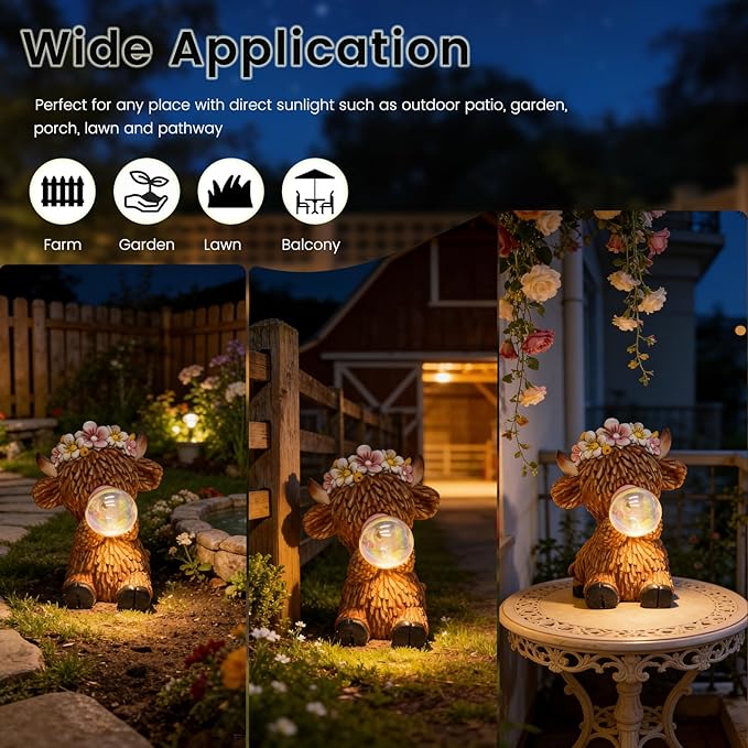 AVEKI Solar Highland Cow Garden Statue, Whimsical Bubble-Blowing Design with Solar Lights, Waterproof Resin Outdoor Decor for Patio, Yard, Lawn, Unique Gift for Mom, Grandma & Garden Lovers