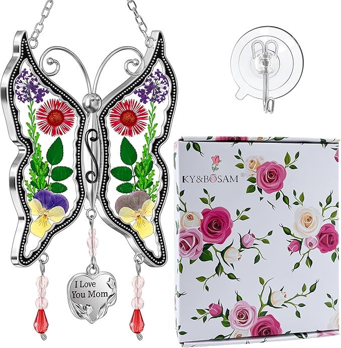 KY&BOSAM Butterfly Suncatcher Stained Glass Suncathers for Windows Hangings Wind Chime with Real Flower Wings and Meatl I Love You Mom Heart Charm for Mom Birthday Christmas Decor