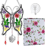 KY&BOSAM Butterfly Suncatcher Stained Glass Suncathers for Windows Hangings Wind Chime with Real Flower Wings and Meatl I Love You Mom Heart Charm for Mom Birthday Christmas Decor