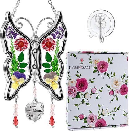 KY&BOSAM Butterfly Suncatcher Stained Glass Suncathers for Windows Hangings Wind Chime with Real Flower Wings and Meatl I Love You Mom Heart Charm for Mom Birthday Christmas Decor
