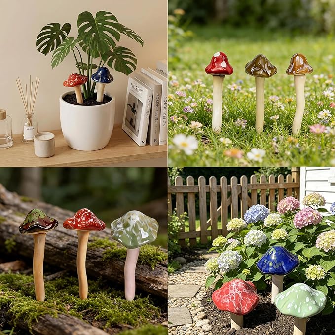 10 Pack Ceramic Garden Mushrooms, Garden Decor,Lawn Ornament Decor Mushrooms for Fairy Garden, Patio, Indoor Plant Pots, 4.7" Tall Pottery Mushroom Statues