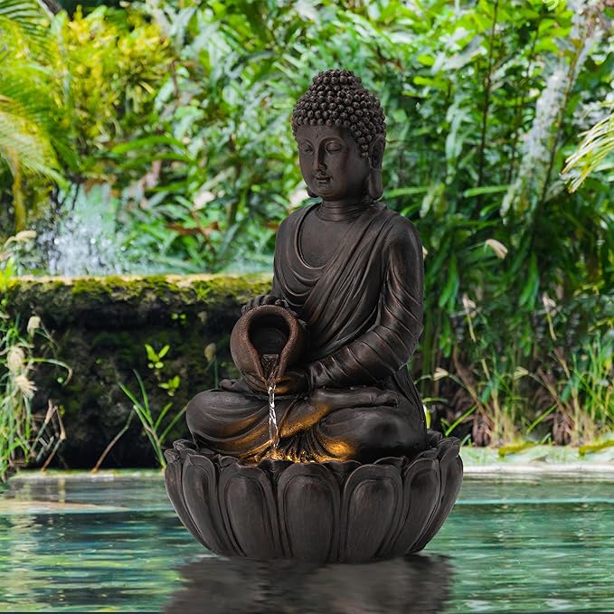 Glitzhome Buddha Statues 21" H, Zen Style Outdoor Buddha Fountian with LED Light & Pump, Outdoor Floor Freestanding Fountain Meditative Garden Buddha Sculptures & Statues for Garden Porch Lawn Decor