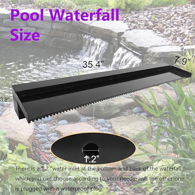 Pamopamo Pond Waterfall Spillway Pool Fountain Water Feature, Black Stainless Steel Outdoor Fountains, Swimming Pool Water Flow Waterfalls Kit for Garden Patio Ponds-35.4"x7.8"x3.9"(NO Light)
