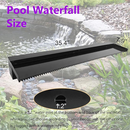 Pamopamo Pond Waterfall Spillway Pool Fountain Water Feature, Black Stainless Steel Outdoor Fountains, Swimming Pool Water Flow Waterfalls Kit for Garden Patio Ponds-35.4"x7.8"x3.9"(NO Light)