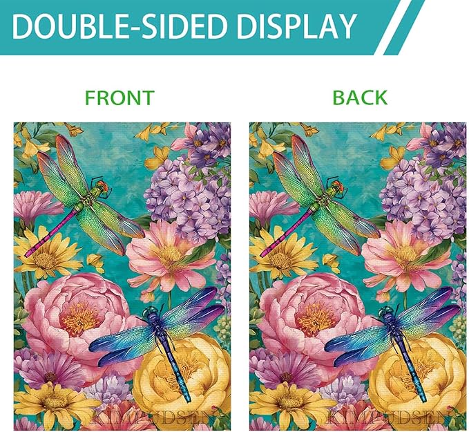 Spring Dragonfly House Flag Burlap 28x40 Inch Double Sided for Outside, Large Yard Flag for Seasonal Outdoor Decoration