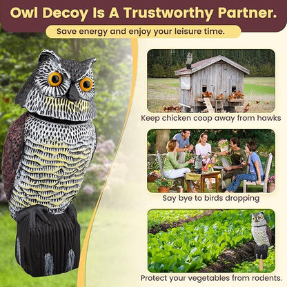 Fake Owl Decoys to Scare Birds Away, Waterproof 360° Rotating Head Hawks & Squirrel Deterrent, Garden Owl Decoy for Outdoor Yard Patio Pools