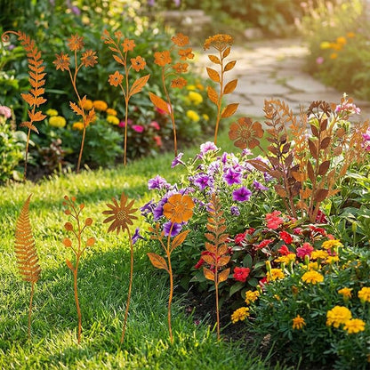 10 Pcs Rusty Metal Flower Garden Stakes,Rustic Metal Fern Leaf Plants,Iron Art Plant Shaped Decoration for Outdoor Lawn Walkway Patio